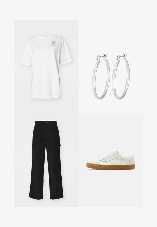 Biela tričko s krátkym rukávom vyrobené z bavlny, s ružovým kvetinovým dizajnom a malým čiernym logom na ľavej hrudi.; Čierne kordurové nohavice s rovným strihom, ktoré majú zapínanie na gombík a bočné vrecko. Hladká textura s jemnými vertikálnymi pruhmi.; Biele plátenné nízke tenisky s gumovou podrážkou, okrúhlou špičkou, šnurovaním a bočnými koženými pruhmi.; Strieborné kruhové náušnice s hladkým, lesklým povrchom. Kolový tvar a bezpečné klikanie na uzatváranie. Ľahký dizajn vhodný na každodenné nosenie.