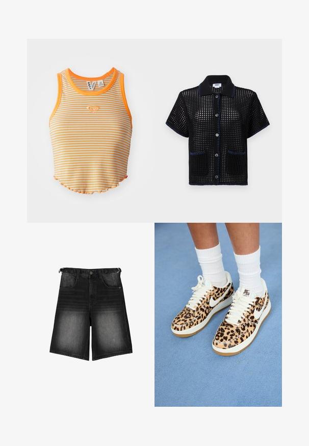 Gestreepte crop top in oranje en lichtblauw, met een geribbelde textuur, ronde halslijn en een gegolfde zoom. Klein diamantlogo geborduurd aan de voorkant.; Zwarte gebreide shirt met korte mouwen en een meshpatroon, blauwe rand op de kraag en de rand van de zakken, met knopen aan de voorkant.; Zwarte denim shorts met een verwassen afwerking, vijf zakken, een knoopsluiting en riemlussen. De stof heeft een gladde textuur.; Nike Air Force 1 sneakers met luipaardprint, witte veters en swoosh, met een tan rubberen buitenzool en een gestructureerde bovenkant. Witte crew-sokken zichtbaar.