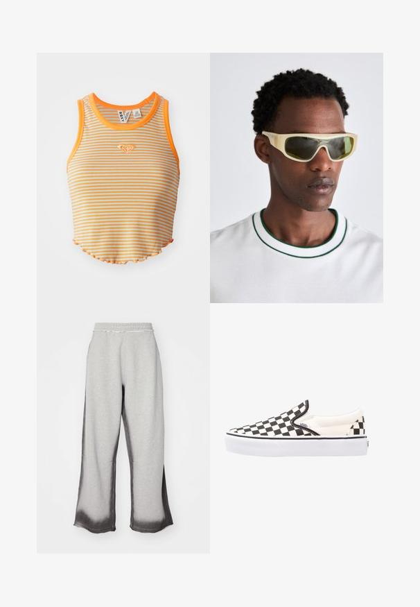 Top corto a righe in arancione e azzurro chiaro, con texture a coste, scollatura tonda e orlo ondulato. Piccolo logo a forma di diamante ricamato sul davanti.; Pantaloni grigi in felpa con una finitura testurizzata, caratterizzati da una sfumatura grigio scuro graduale all'orlo, cintura elastica e taglio ampio.; Scarpe Vans slip-on a scacchi bianchi e neri con tomaia in canvas, suola in gomma e colletto imbottito. Punta piatta e rotonda con dettagli bianchi sulla suola.; Occhiali da sole con una montatura gialla traslucida e lenti verde scuro. Design angolare con aste larghe, indossati con una camicia bianca con accenti verdi.; Borsa a spalla in pelle nera con una texture liscia, una parte superiore curva e una sola tracolla. Presenta una chiusura con zip e un design minimalista.