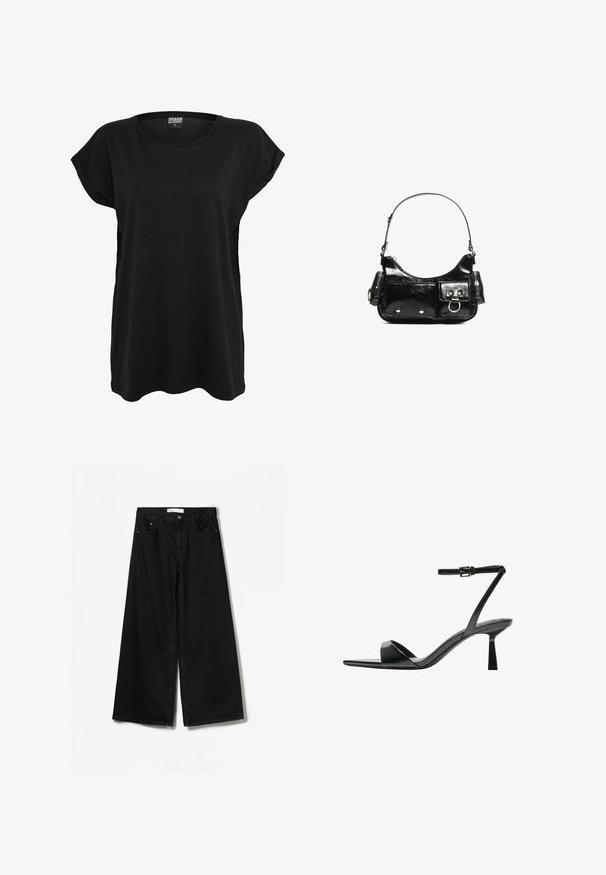 Czarna bawełniana koszulka z krótkim rękawem, okrągłym dekoltem i luźnym krojem. Posiada metkę na kołnierzyku. Gładka tekstura i prosty design.; Bershka WIDE czarny; Bershka - Sandały na obcasie; Czarna torebka z lakierowanej skóry o zaokrąglonym kształcie, z jednym paskiem na ramię, przednimi kieszeniami i akcentami w kolorze srebrnym.