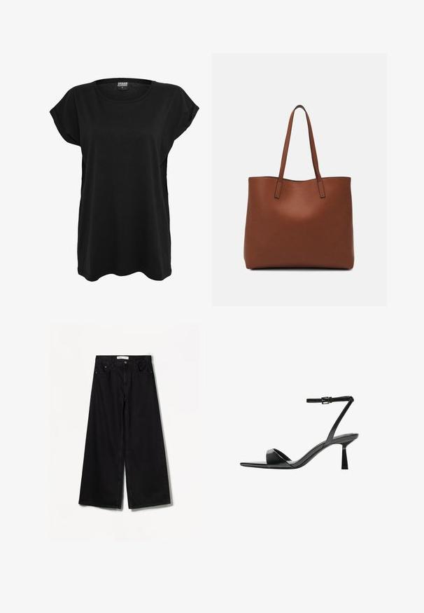 Musta puuvillainen t-paita lyhyillä hihoilla, pyöreällä kaula-aukolla ja rentolla istuvuudella. Vaatteessa on etiketti kauluksessa. Silkkinen rakenne ja yksinkertainen muotoilu.; Bershka WIDE-LEG - Leveälahkeiset - black; Bershka Korolliset sandaalit - black; Ruskea nahkainen olkalaukku, jossa on sileä pinta, avoin yläosa ja kaksi olkahihnaa. Omaavat vain minimaalisen ompelun eikä näkyvää metalliosaa.
