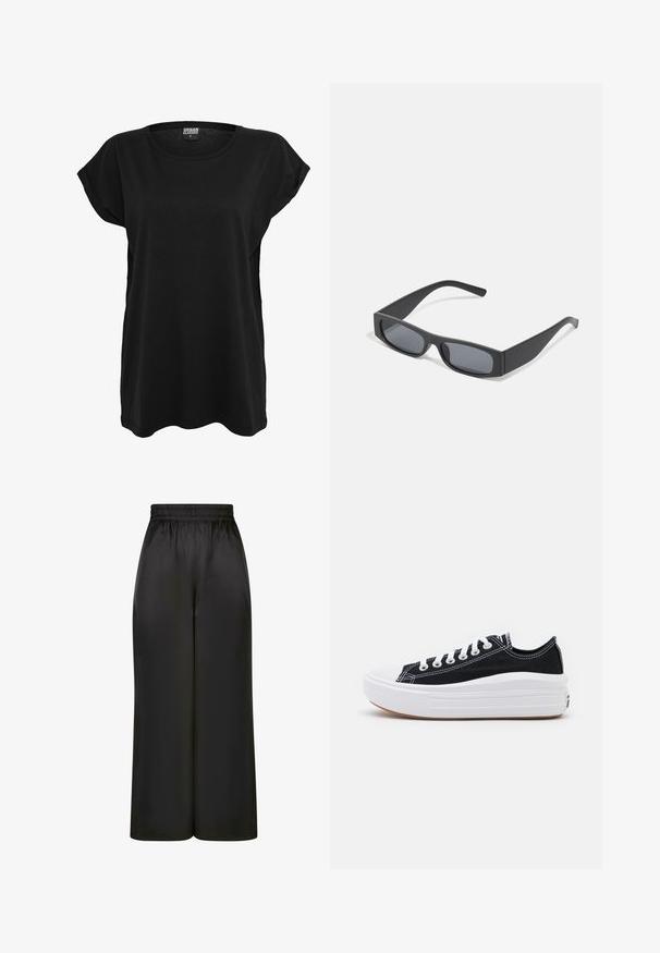 Čierne bavlnené tričko s krátkymi rukávmi, okrúhlym výstrihom a voľným strihom. Má štítok na golieri. Hladká textúra a jednoduchý dizajn.; Čierne široké nohavice vyrobené z hladkého, lesklého materiálu s elastickým pásom a bez viditeľných vreciek či kovových detailov.; Čierne plátenné tenisky s bielymi šnúrkami, bielym gumovým špičkovým krytom a robustnou bielou medzipodrážkou. Obsahujú jemné biele švy a gumenú podrážku.; Čierne obdĺžnikové slnečné okuliare s tmavými sklami a hrubými matnými rámami. Ramena sú mierne zúžené s hladkým povrchom.