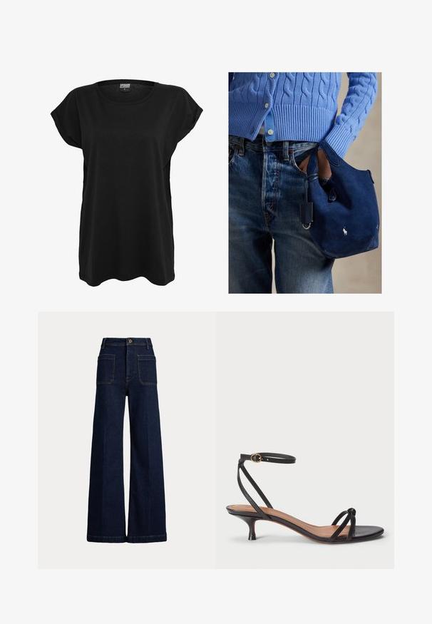 Czarna bawełniana koszulka z krótkim rękawem, okrągłym dekoltem i luźnym krojem. Posiada metkę na kołnierzyku. Gładka tekstura i prosty design.; Szerokie, ciemnoniebieskie dżinsy z wysokim stanem, pięcioma kieszeniami i kontrastowymi stębnowaniami. Posiadają zapięcie na guzik oraz wyraźny kształt.; Polo Ralph Lauren - Czółenka; Zamszowa granatowa torebka o miękkiej fakturze, z dwoma uchwytami i małą przymocowaną metką. Na froncie znajduje się biały logo, a dół torebki jest zaokrąglony.