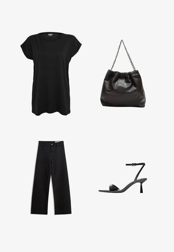 Sort bomulds t-shirt med korte ærmer, rund halsudskæring og en afslappet pasform. Har en label på kraven. Glat tekstur og simpelt design.; Sorte wide-leg denim bukser med høj talje, der har front- og baglommer, syede sømme og en knaplukning. Glat tekstur.; Bershka Højhælede sandaletter / Højhælede sandaler - black; Brun lædertaske med en rynket top og en kædestrop. Glat tekstur med en blank finish og subtile sømdetaljer på siderne.