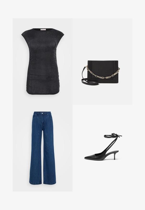 Svart, kortermet topp laget av teksturert, glitrende stoff med rynkedetaljer på siden; rund halslinje; tettsittende silhuett.; Bredde ben jeans i blå denim med høy midje, frontlås med knapp og glidelås, samt front- og baklommer mot en ensfarget bakgrunn.; Sorte lær stiletto-sko med spiss tå, åpen bakdel og ankelremmer knyttet i sløyfe. Tynn 3-tommers hæl. Glatt tekstur, minimalistisk design.; Svart lær crossbody-veske med glatt tekstur, rektangulær form og metallkjede detaljer på framsiden. Justerbar stroppe inkludert.
