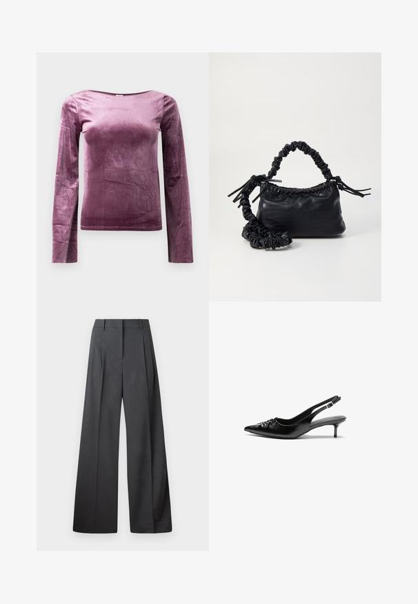 Langermet topp i mykt, fløyelsaktig stoff. Har båthals og en ensfarget dyp lilla farge med en glatt, lett skinnende tekstur.; Vide bukser i mørkegrått stoff med høy livlinje, enkel press, og en glatt tekstur med en ren finish på ermekantene.; Sorte skinnert remsandaler med spiss tå, liten kittenhæl og en dekorativ knute detalj foran. Glatt tekstur gjennom hele.; Svart faux skinn-håndveske med krokodilletekstur, strammet topp og en rynket stropp. Ser myk og kompakt ut i designen.