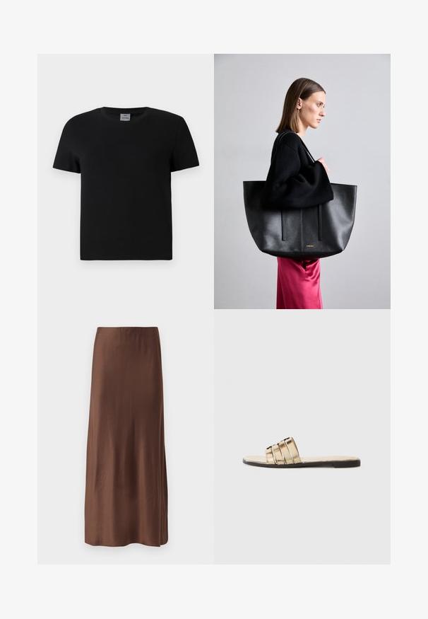 Sort t-skjorte i bomull med rund hals og korte ermer. Enkel design, ingen mønstre eller detaljer, med rett snitt i midjen.; Brun sateng midi-skjørt med en jevn tekstur, med en rett passform og uten synlige mønstre eller dekorasjoner. Enkelt og elegant design.; Gull slide sandal med tre horisontale stropper. Flat såle og glatt materiale tekstur, med en åpen tådesign.; Svart lær totebag med teksturert finish, med to vertikale linjer, doble skulderstropper og et minimalistisk design.