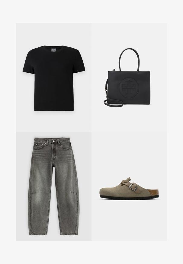 Tricou din bumbac negru, cu guler rotund și mâneci scurte. Design simplu, fără modele sau accente, cu un croi drept la talie.; Jeans din denim gri cu talie înaltă, spălate, cu cinci buzunare, închidere cu nasture și croială relaxată drept.; Saboturi din suede de culoare verde măsliniu deschis, cu o talpă din plută și cauciuc modelată. Au o curea laterală cu o cataramă metalică și un vârf rotund.; Geantă neagră din material neted, cu două mânere, o curea de umăr detașabilă și un detaliu rotund cu logo embosat pe partea frontală.