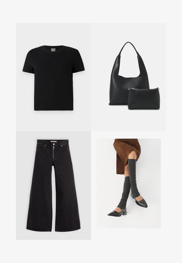 Juodas medvilnės T marškinėliai su apvaliu kaklu ir trumpomis rankovėmis. Paprastas dizainas, be raštų ar akcentų, tiesus kirpimas ties liemeniu.; Plačios kojų džinsai iš juodo džinsinio audinio su užtrauktuku priekyje, penkių kišenių dizainu ir subtiliais siuvinėjimo akcentais. Lygus paviršius ir laisvalaikio stilius.; Juodi lakuoti odiniai batai su aštriu kuma ir bloko kulnu, derinami su pilkais riebiais kojų šildytuvais ir rudais zomšiniais sijonais.; Even&Odd Rankinė - black