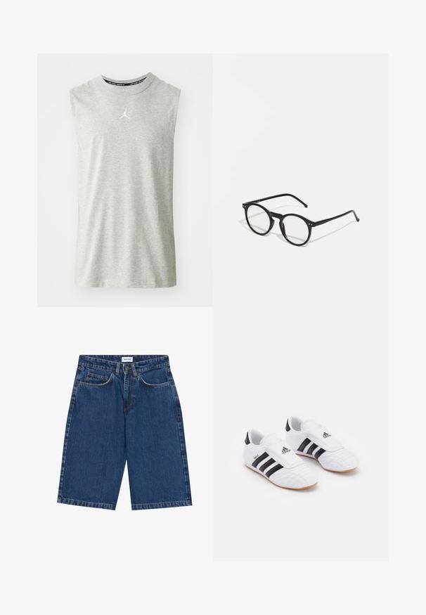 Ermeløs grå atletisk T-skjorte laget av myk stoff. Har en liten hvit logo på brystet og rund utrigning.; Lilla kortermet polo skjorte med sorte horisontale striper, med krage, to-knapp placket, og myk tekstur.; Mørkeblå denimshorts med fem lommer, rett kutt og synlige sømmer. Glatt tekstur og middels høy midje.; Hvite treningssko med svarte striper, med en semsket overflate, rund tå og borrelåsrem. Gummisåle for godt grep.; Runde svarte solbriller med klare glass, tynne svarte stenger og små metalliske detaljer foran. Klassisk design med minimalistisk stil.