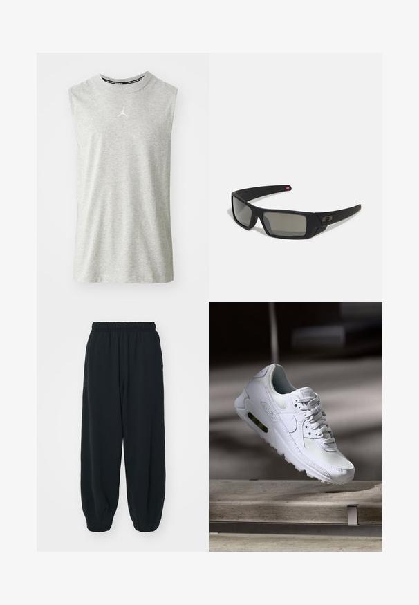 Camiseta atlética sin mangas de color gris, hecha de una tela suave. Presenta un pequeño logotipo blanco en el pecho y un escote redondo.; Pantalones de chándal negros con cintura elástica, de corte holgado, con puños en los tobillos, textura suave y sin patrones visibles ni acentos metálicos.; Zapatilla Nike Air Max 90 blanca con parte superior de malla y cuero, caja de puntera perforada y unidad de aire visible en el talón.; Gafas de sol negras con acabado mate, lentes rectangulares, ligera curvatura en las patillas, sutil detalle del logo y lentes ahumados.