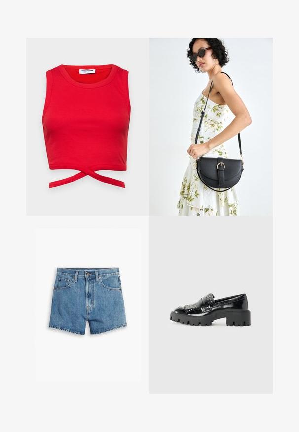 Rød bomulls crop top med ribbestruktur, ermeløs design og en frontknute som gir et stramt utseende.; Lys blå denimshorts med fem lommer, glidelås og knappefeste. Bunnkanten er slitt med et avslappet passformdesign.; Svarte lakkloafers med en kraftig svart platåsåle, prydet med metalliske nagler på vampen og en rund tådesign.; Svart lærveske med en buet form, avtagbar stropp og gullbeslag. Vesken har et klaff med spenne-detall.