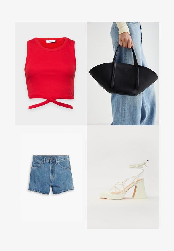 Rde majice iz bombaža s rebrasto teksturo, brez rokavov in s sprednjim vozlom za prilegajoč videz.; Jeans kratke hlače v svetlo modri barvi, z povezavami za pet žepov, zadrgo in gumbom. Rob je razfrcan, oblikovane so v sproščenem kroju.; Bela sandala na visokih petah s debelim petam, ki ima obliko trakcev in vezanje okoli gležnja. Gladka tekstura z platformo spredaj za dodatno višino.; Črna usnjena torbica z edinstveno obliko ventilatorja, z ravnimi ročaji. Površina ima teksturo z drobnimi kamni in minimalističen dizajn.