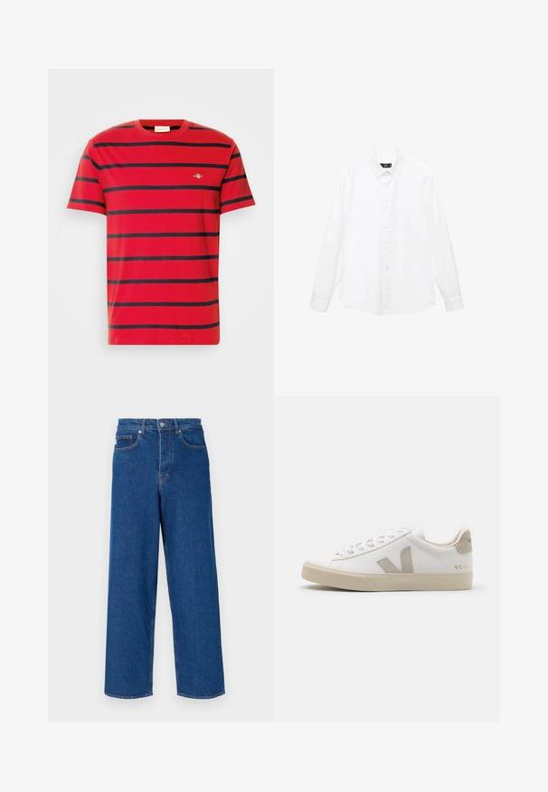 Rød bomulds t-shirt med vandrette navy striber, rund halsudskæring og et lille broderet logo på brystet. Klassisk pasform.; Hvid langærmet skjorte med knap-ned krave, for-bukser, lige søm og blødt bomuldsstof. Minimalistisk design uden mønstre.; Bredde ben blå jeans lavet af denim, med høj talje, fem-lomme design og kontrastsyninger langs sømene og lommerne.; Hvide lædersneakers med beige detaljer, flad gummisål, rund tå og kontrasterende logo på siden og bagsiden. Snørebåndsdesign.