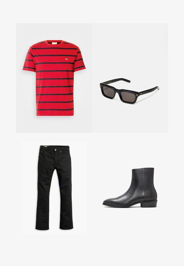 Red cotton t-shirt featuring horizontal navy stripes, a crew neckline, and a small embroidered logo on the chest. Classic fit design.; Black denim jeans with a straight leg design, five pockets, metal button closure, and subtle stitching details. Smooth texture and solid color.; ALDO PILLOWWALK+FLEX INSIDE ZIP AMUR - Classic ankle boots - open black; Black rectangular sunglasses with dark lenses, thick plastic frame, gold accents on temples, and brand logo engraved on the arm.
