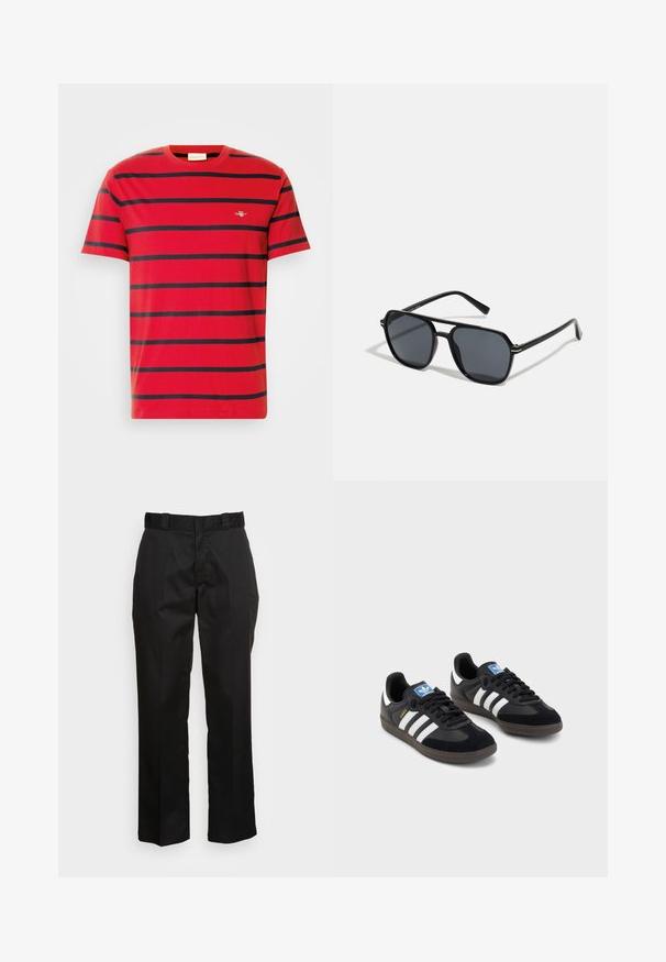 T-shirt en coton rouge avec des rayures horizontales bleu marine, un col rond et un petit logo brodé sur la poitrine. Design à coupe classique.; Pantalons noirs en tissu lisse, avec une coupe droite, des passants de ceinture et deux poches latérales. Look classique sans embellissements.; Des baskets noires avec une tige en suède et en matériaux synthétiques, dotées de trois rayures blanches, d'une semelle en caoutchouc texturé et d'une étiquette de logo bleue sur la languette.; Lunettes de soleil noires avec monture octogonale, verres foncés, finition brillante, branches fines et accents dorés sur l'avant.