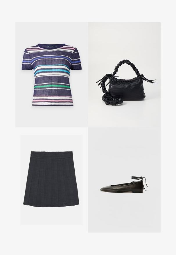 Tričko s krátkým rukávem s námořnickým základem a vodorovnými pruhy v růžové, bílé, světle modré, zelené a tmavě modré barvě. Texturovaná látka.; Tmavě šedá plisovaná sukně s elastickým pasem, vyrobená z texturované látky a s klasickým A-čkovým střihem. Vhodná pro každodenní nošení.; Černé kožené baletky s špičatou špičkou, vázáním na kotníku a plochou podrážkou, s hladkým povrchem a minimalistickým designem.; Černá kabelka z umělé kůže s krokodýlím vzorem, staženým vrškem a zmačkaným popruhem. Zdá se, že má měkký a kompaktní design.