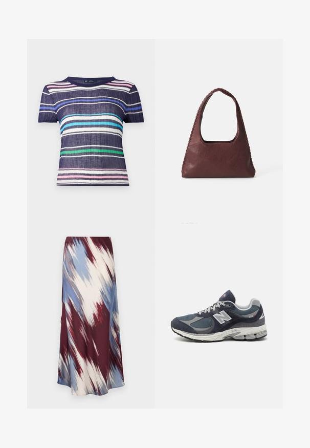 Majica kratkih rukava s tamnoplava podloga i horizontalne pruge u ružičastoj, bijeloj, svijetloplavoj, zelenoj i tamnoplavoj boji. Teksturirani materijal.; Duga suknja s dijagonalnim tie-dye uzorkom u burgundcu, plavoj i krem boji, izrađena od mekanog materijala s lepršavim siluetom i blagim sjajem.; New Balance tenisice s gornjim dijelom od plave mrežice i antilopa, sivi naglasci, bijeli logo, obloženi potplat i teksturirani detalji.; Burgundska kožna torba s trokutastim oblikom, otvorenim vrhom i pletenim detaljem duž ručke. Glatka tekstura s mat završetkom.