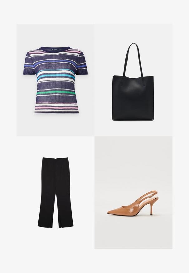 Tričko s krátkym rukávom s námorníckou základnou a vodorovnými pruhmi v ružovej, bielej, svetlomodrej, zelenej a tmavomodrej farbe. Textúrovaná látka.; Čierne nohavice so strihom rovného strihu, s prednými vreckami a bočnými rozparkami na leme. Vyrobené z mäkkej, hladkej tkaniny. Vhodné na rôzne príležitosti.; Sandal s úzkym podpätkom a špicatou špičkou v hladkej lesklej hnedej materiáli. Obsahuje zakrivený výrez a štíhly ihlový podpätok. Strieborný prackový detail.; Čierna kožená taška na rameno s hladkým povrchom, obdĺžnikovým tvarom a dvoma dlhými uchami. Bez viditeľného kovania alebo ozdôb.