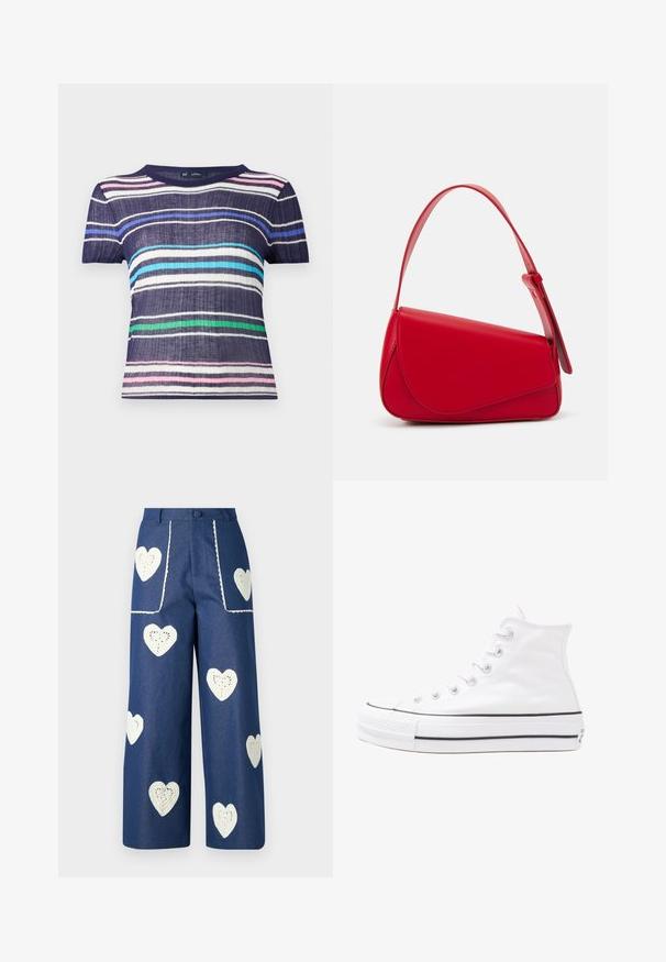 Camiseta de manga curta com riscas azul-marinho, rosa, azul-claro, verde e branco. Confeccionada em tecido texturizado com decote redondo.; Sister Jane HEART TO HEART - Calças de ganga de perna direita - blue denim; Sapatilha alta de tela branca com sola de borracha preta, bico de borracha na frente e seis ilhós para os atacadores, apresentando um design limpo e minimalista.; Bolsa de mão em couro vermelho com um design angular e geométrico. Apresenta uma única alça ajustável e um fecho com aba, com detalhes cosidos.