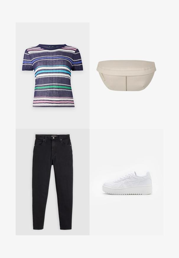Camiseta de manga corta con base azul marino y rayas horizontales en rosa, blanco, azul claro, verde y azul oscuro. Tejido texturizado.; Jeans negros ajustados con cierre de botón y cremallera, diseño de cinco bolsillos y pasadores para cinturón sobre un fondo gris claro.; Zapatillas de plataforma blancas con una textura de cuero suave, detalles perforados y cordones planos; cuentan con una suela de goma blanca gruesa.; Funda de tela beige con forma redondeada, que presenta una parte superior plana y detalles de costura sutiles. Incluye un logotipo minimalista y una correa lateral.