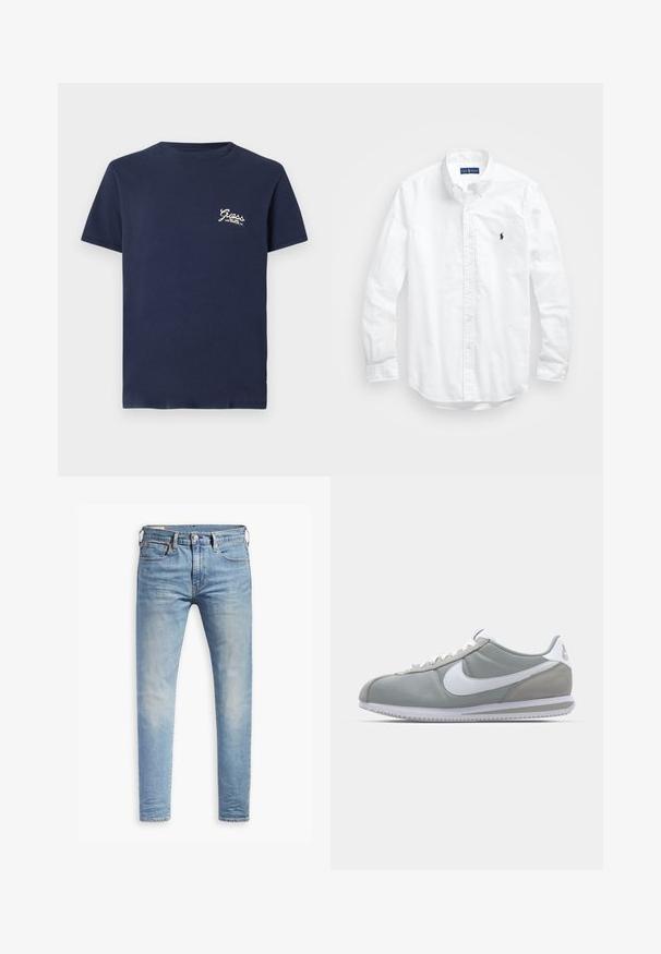 Navy blue short-sleeve t-shirt with small white "Guess Los Angeles, CA" logo on left chest against white background.; White long-sleeve button-up shirt in cotton. Features a classic collar, button cuffs, and a small navy embroidered logo on the chest.; Light blue slim-fit jeans with slight fading on thighs, front button closure, belt loops, and five-pocket styling on a white background.; Gray athletic shoe with a suede and textile upper, white Nike swoosh, and white laces. Features a textured rubber sole and padded collar.