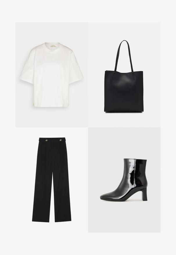 Lindex LOLA - Pamata T-krekls - white; Melnas platās bikses ar augstu jostasvietu, pogu detaļām uz jostas un priekšējām krokām.; Melnas patentētas ādas potīšu zābaki ar norādītu pirkstu un vidēja augstuma kvadrātveida papēdi. Gluda tekstūra un minimālisma dizains.; Melnas ādas somiņa ar gludu tekstūru, taisnstūra formu un divām garām rokturiem. Nav redzamu aparatūras vai rotājumu.
