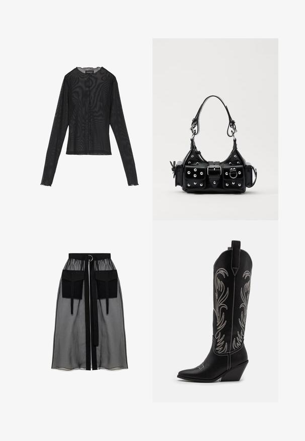 Schwarzes Langarmoberteil aus transparenter Stoff, mit rundem Halsausschnitt, vorderem Knopfverschluss und gewellten Kanten an den Ärmelbündchen.; Schwarzer transparenter Rock mit einem gerafften Taillenbund, der zwei große Fronttaschen, einen Taillenkordel und ein kreisförmiges Metallakzent aufweist.; Schwarze Leder-Cowboy-Stiefel mit spitzen Zehen, Keilabsätzen und silbernen, gestickten Blumenmustern entlang des Schafts. Kontrastnähte über das gesamte Design.; Schwarze Lederhandtasche mit einem geschwungenen Design, verziert mit silbernen Nieten, einer Schnalle und zwei seitlichen Taschen. Verstellbarer Träger für verschiedene Tragemöglichkeiten.
