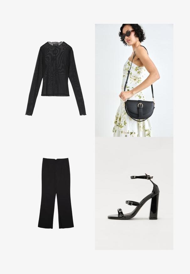 Schwarzes Langarmoberteil aus transparenter Stoff, mit rundem Halsausschnitt, vorderem Knopfverschluss und gewellten Kanten an den Ärmelbündchen.; Schwarze Hose mit geradem Schnitt, ausgestattet mit Fronttaschen und Seitenschlitzen am Saum. Hergestellt aus weichem, glattem Stoff. Geeignet für verschiedene Anlässe.; Schwarze patentierte Sandalen mit Absatz, quadratischer Spitze, Knöchelriemen und silbernen Schnallen. Mit einem stabilen Blockabsatz für mehr Stabilität.; Schwarze Lederhandtasche mit geschwungener Form, abnehmbarem Tragegurt und goldenen Beschlägen. Die Tasche verfügt über einen Deckel mit einer Schnallen-Details.