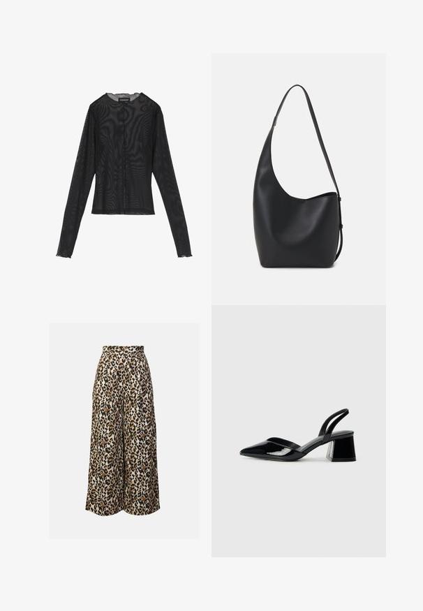 Svart langermet topp laget av gjennomsiktig stoff, med rund halslinning, midtfront knappelukking og bølgete kanter på ermene.; Beige bukse med leopardmønster i svart og brunt. Glatt tekstur, høy midje, plisserte detaljer og full lengde.; Svarte patentlær slingback hæler med spiss tå og geometrisk blokk hæl. Har et stilrent, minimalistisk design og jevn tekstur.; Svart lær hobo-veske med glatt tekstur, buet form og enkelt justerbart stropp; har en bred åpning på toppen.