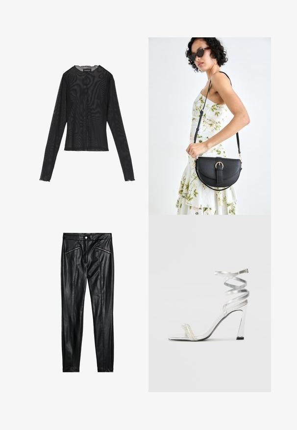 Top preto de manga longa feito de tecido transparente, apresentando um decote redondo, fecho de botões na frente e bordas em forma de onda nas mangas.; Calças de couro pretas com um design ajustado, dois bolsos frontais com fecho zípper e uma textura suave com um acabamento brilhante.; Sandalha de salto alto prateada com um design de tira brilhante, apresentando um detalhe semelhante a uma pérola e uma tira de tornozelo espiralada para um ajuste seguro.; Bolsa de couro preta com forma curva, alça destacável e detalhes em dourado. A bolsa possui uma aba com detalhe de fivela.