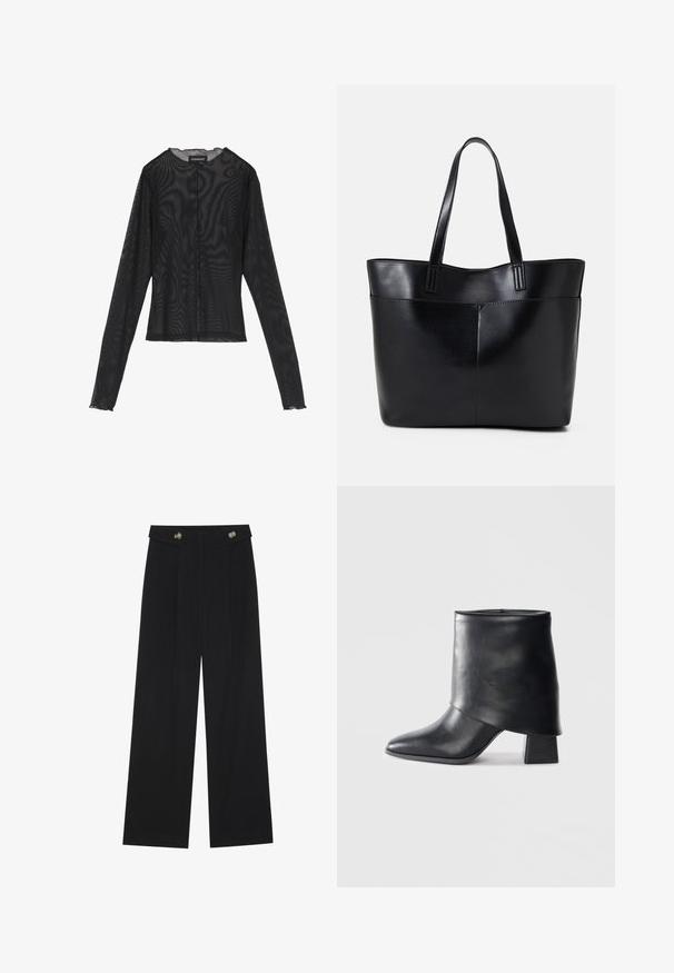 Schwarzes Langarmoberteil aus transparenter Stoff, mit rundem Halsausschnitt, vorderem Knopfverschluss und gewellten Kanten an den Ärmelbündchen.; Schwarze weite Hosen mit hoher Taille, Knopfdetails am Bund und vorderen Falten.; Schwarze Lederstiefelette mit spitzer Zehenform, glatter Oberfläche und strukturiertem Blockabsatz. Mit einem hohen, gefalteten Schaftdesign.; Schwarze Leder-Shopper-Tasche mit zwei langen Griffen, einer glatten Textur und einer strukturierten Form. Verfügt über eine Vordertasche für zusätzlichen Stauraum.