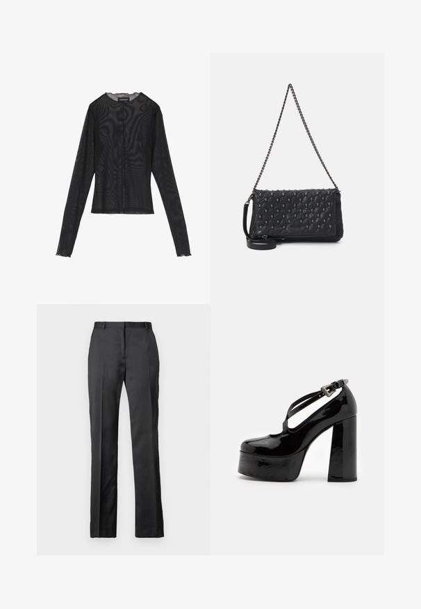 Schwarzes Langarmoberteil aus transparenter Stoff, mit rundem Halsausschnitt, vorderem Knopfverschluss und gewellten Kanten an den Ärmelbündchen.; Maßgeschneiderte schwarze Anzughose aus glattem Stoff. Sie zeichnet sich durch ein gerades Bein, eine flache Front und dezente Faltendetails aus.; The Kooples CHAUSSURES - High Heel Pumps - black; Schwarze, gesteppte Lederhandtasche mit einer Kettenriemen, die mit Totenkopf-Akzenten und einem Reißverschluss versehen ist. Strukturiert Oberfläche mit einem glänzenden Finish.