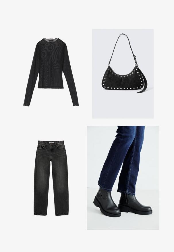 Schwarzes Langarmoberteil aus transparenter Stoff, mit rundem Halsausschnitt, vorderem Knopfverschluss und gewellten Kanten an den Ärmelbündchen.; Schwarze Jeans aus Denim mit lockerer Passform, geradem Bein, fünf Taschen-Design und einer leicht gewaschenen Textur. Knopf- und Reißverschluss vorne.; Schwarze Lederstiefeletten mit einer dicken Sohle und seitlichen Elastikeinsätzen, kombiniert mit dunkelblauen Jeans. Der Boden ist hellfarbig.; Schwarze Tasche aus Kunstleder mit einer geschwungenen Form, akzentuiert durch runde Metallnieten entlang der Kante, mit einem Reißverschluss und einem langen Tragegurt.