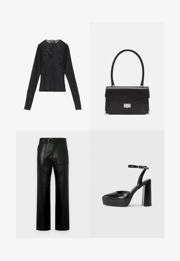 Schwarzes Langarmoberteil aus transparenter Stoff, mit rundem Halsausschnitt, vorderem Knopfverschluss und gewellten Kanten an den Ärmelbündchen.; Hochtaillierte schwarze Lederhose mit weitem Bein, großen aufgesetzten Taschen vorne und einem passenden Gürtel mit Doppelringverschluss.; Schwarze Plateau-High Heels mit spitzem Zeh und verstellbarem Knöchelriemen. Gefertigt aus glattem Leder und mit einem klobigen Blockabsatz.; Schwarze Lederhandtasche mit strukturiertem Design, einem oberen Griff und einem silbernen Verschluss. Verfügt über Eckenakzente und eine glatte Textur.
