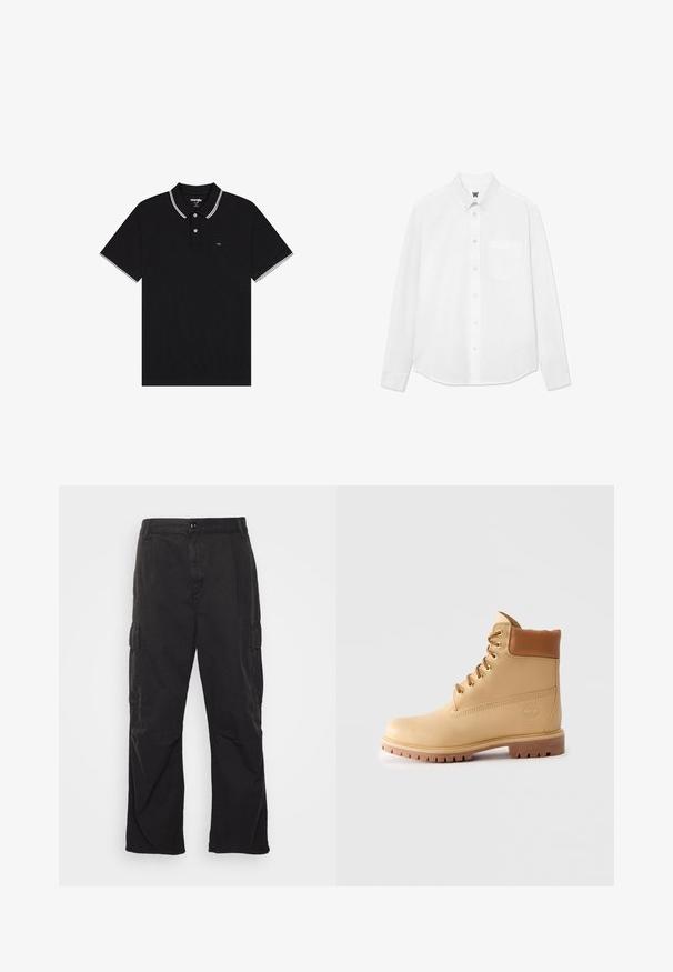 Sort polo shirt lavet af tekstureret stof, med en fold-over krave med hvide accenter, to-knaps placket og et lille logo på brystet.; Hvid langærmet skjorte med knapper, krave, forlommer og subtil tekstur. Frontlukning har knapper og et lille logo-detalje.; Sorte cargo bukser med lige ben, der har to sidelommer, knaplukning og en struktureret stof.; Lysebrun læder ankelstøvle med polstret krave, gyldne snøringer, brune snørebånd og tyk sål med riller på ensfarvet lys baggrund.