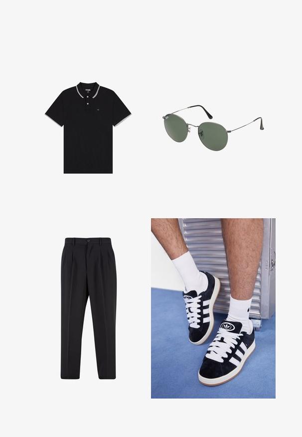 Črna polo majica iz teksturirane tkanine, z zloženim ovratnikom z belimi akcenti, dvema gumboma in majhnim logotipom na prsih.; Črne hlače z nabranim sprednjim delom, narejene iz gladkega materiala. Imajo gumbasto zapiranje in zanke za pas; ravne hlačnice.; Črne semiš teniske z belimi vezalkami in tremi belimi črtami. Imajo okroglo črno oznako na jezičku in gumijast podplat.; Sončna očala z ovalnimi zelenimi lečami v kovinskem okvirju. Tanjši srebrni kovinski okvir in črne ušesne konice. Minimalistična zasnova, brez vidnih logotipov.