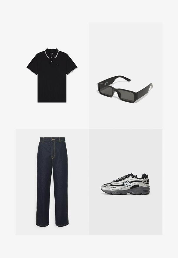 Sort polo shirt lavet af tekstureret stof, med en fold-over krave med hvide accenter, to-knaps placket og et lille logo på brystet.; Bredde ben mørke denim jeans med gul syning, der har en frontlukning med knap og sidelommer. Glat tekstur og traditionelt design.; Sølv- og sorte atletiske sko med mesh-overdel, polstret sål, snørebåndsdesign og brandingdetalje på siden.; Sorte solbriller med rektangulære linser, mat plastikramme og lige kanter. Har brandlogo på den indvendige arm.