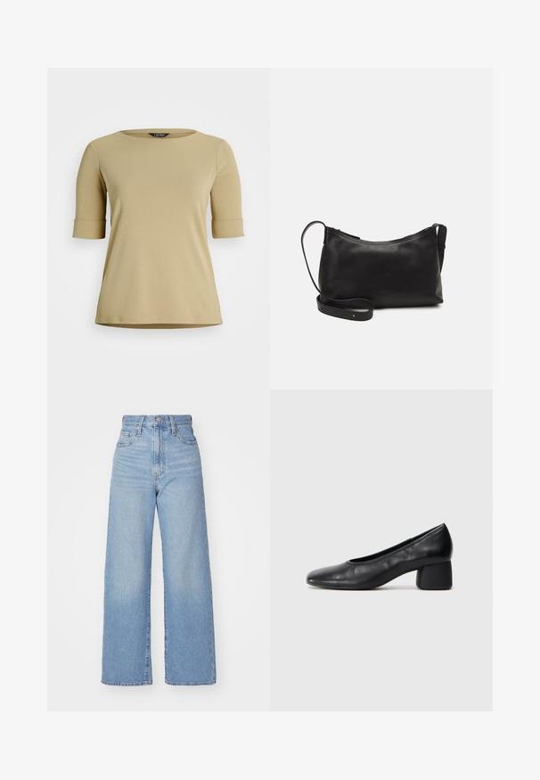 T-shirt bege de manga curta, feito de tecido suave. Apresenta um decote redondo e punhos enrolados, com uma bainha reta e um design minimalista.; Jeans de cintura alta e perna larga em azul claro, com fecho frontal de botão e zíper, bolsos frontais e traseiros, sobre um fundo branco.; Sapato de salto preto em couro com bico arredondado e salto médio bloco. Textura suave com detalhes mínimos, apresentando uma abertura elástica discreta.; Bolsa de ombro em pele preta com textura suave, forma curva, alça ajustável e fecho com zip. Design minimalista sem adornos.