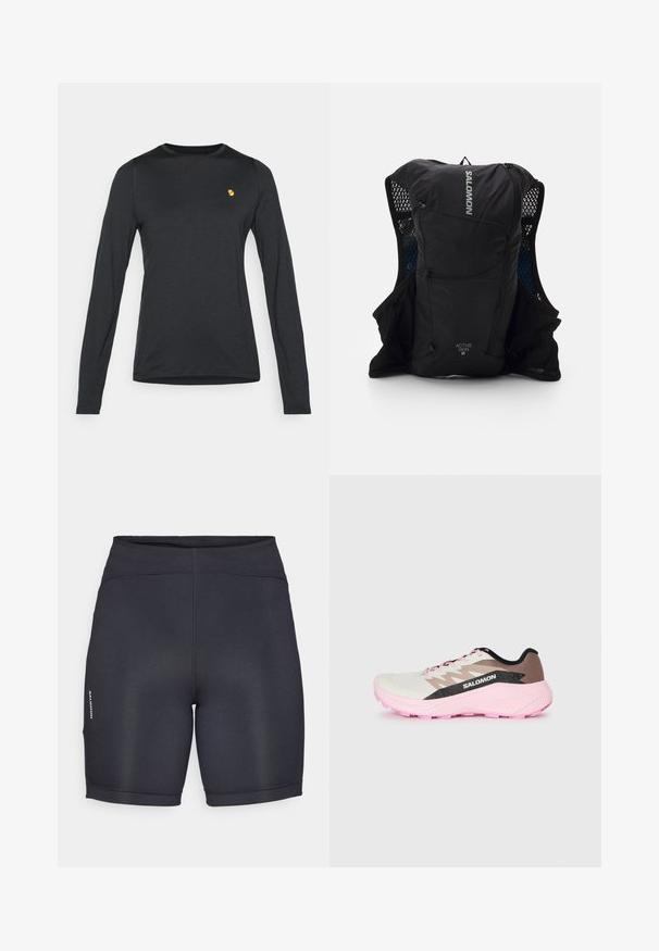 Camisa preta de manga longa feita de um tecido suave, com um decote redondo e um pequeno logótipo dourado em destaque no peito.; Calções atléticos pretos com um tecido liso e elástico. Apresentam uma cintura alta e detalhes de logótipo lateral. Design simples e elegante.; Sapatilha de corrida leve em branco, castanho e rosa. Apresenta um cabedal respirável, detalhes texturizados em cinza e uma sola em borracha rosa.; Colete de corrida preto com bolsos laterais em malha, detalhes refletivos e um bolso com zip na frente. Fabricado com tecido leve, projetado para conforto e respirabilidade.