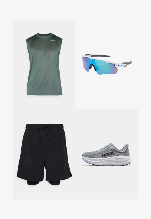 Nike Performance TEE RESET - Topp - vintage green/matte silver; Mustad mustad lühikesed püksid, mis on valmistatud kergest kangast, elastse vöökoha ja reguleeritava nööriga, ning neid sisepükse.; Halluxi spordijalats, millel on võrkkangas, HOKA brändingu, pehmendatud vaheaine ja kummist välistald. Omab kumerat disaini ja tekstuuriga detaile.; Valged raamidega päikeseprillid, hallide aktsentidega ja siniste peegelprillidega. Sportlik disain, ümber keha kujundus ja reguleeritavad ninasillad.