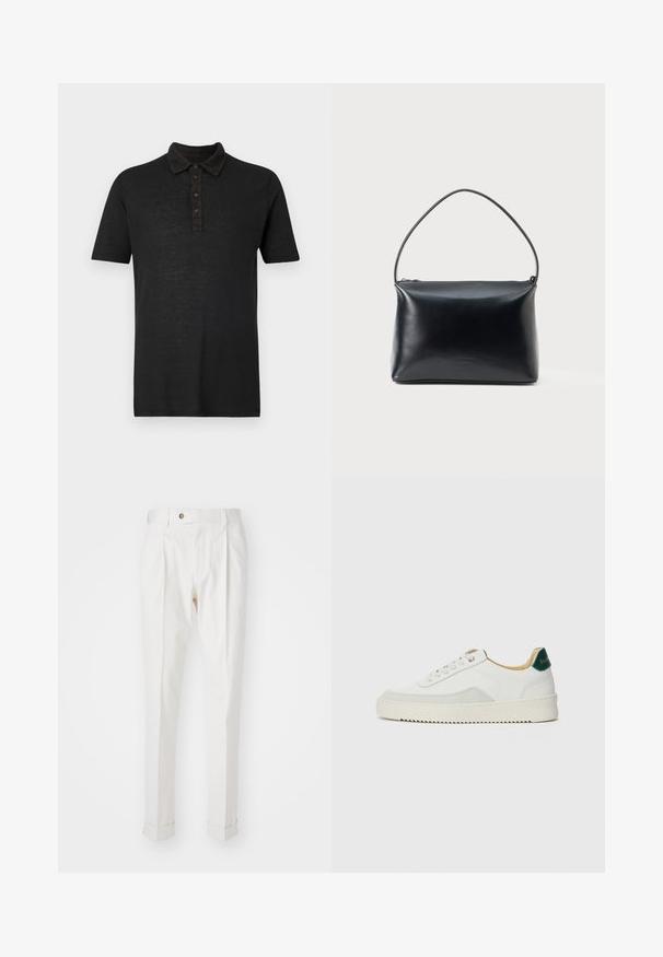 120% Lino SHORT SLEEVES - Pólóing - black solid; Fehér, szabott nadrág lapos elülső résszel, két redővel és felgöngyölített szárakkal. Simás anyagból készült, deréknál gombos zárással.; Fehér sneaker suédé részletekkel, kerek orral, lapos fűzőkkel és krémszínű gumitalppal. Zöld logó található a sarkán.; Fekete sima bőrtáska egyetlen ívelt fogantyúval és tetején cipzáros zárással, sima fehér háttér előtt bemutatva.