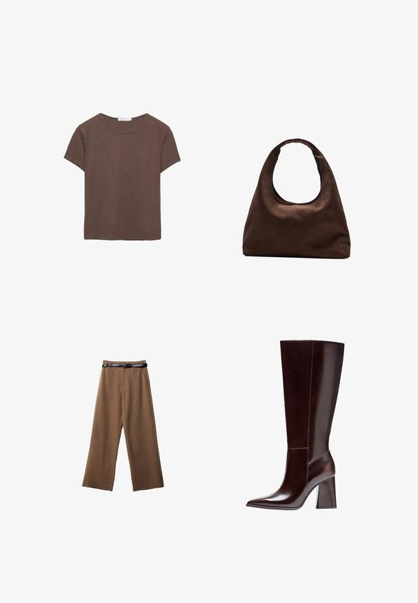 Brun t-shirt med kort ärm, tillverkad av mjukt tyg, med rund halsringning och avslappnad passform, rakt fåll och utan synliga mönster.; Bruna vida-byxor med en slät textur, som har ett svart bälte, två framsida fickor och en skräddarsydd design.; Bruna läderknästövlar med spetsig tå och texturerad klack. Har rena linjer och minimala sömnadsdetaljer.; Mjuk brun hobo-väskastil med ett brett axelband och en rundad öppning upptill, visad på en vit bakgrund.