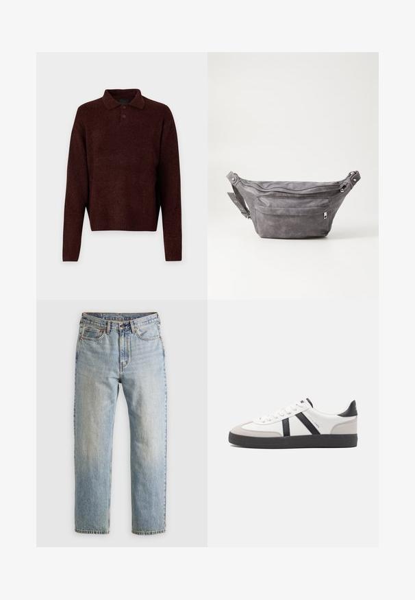 Pullover marrone lavorato a maglia con colletto polo, tre bottoni al collo e maniche lunghe. Texture morbida, polsini e orlo a costine.; Jeans in denim azzurro chiaro con vita alta, bottone anteriore, cerniera e design a cinque tasche, adagiati su uno sfondo neutro.; Sneaker bianco con accenti neri e grigi, dotata di una punta grigia testurizzata, suola in gomma nera e lacci bianchi piatti. Design pulito, stile minimalista.; Fanny pack in suede grigio con forma arrotondata, due scomparti con cerniera e tracolla regolabile. Presenta dettagli in metallo.