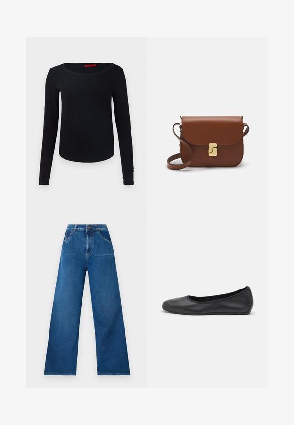 Czarna koszulka z długim rękawem o okrągłym dekolcie, o miękkiej fakturze i dopasowanym kroju. Posiada prosty design bez wzorów czy akcentów.; Szerokie dżinsy w ciemnoniebieskim deninie z wysokim stanem, z przednimi i tylnymi kieszeniami oraz kontrastowymi przeszyciami.; Czarne skórzane baletki z zaokrąglonym noskiem, gładką fakturą, minimalnymi przeszyciami i elastycznym designem podeszwy.; Brązowa skórzana torebka na ramię z klapką, złotymi detalami, paskiem na ramię i gładką teksturą. Kompaktowy prostokątny kształt.