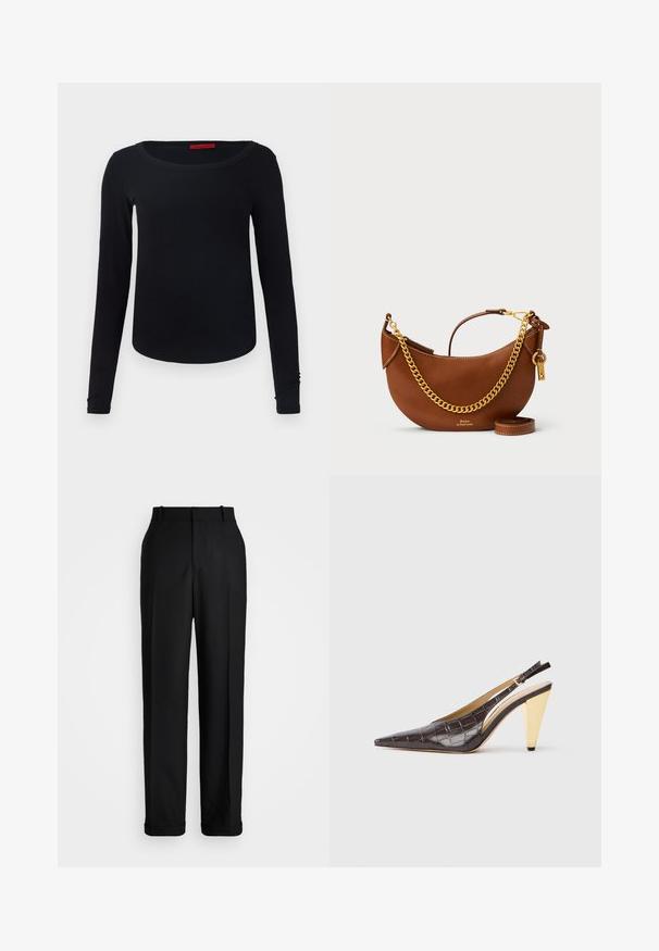 Zwart lang mouw t-shirt met een ronde halslijn, zachte textuur en een slim-fit pasvorm. Heeft een eenvoudig ontwerp zonder patronen of accenten.; Polo Ralph Lauren HIGH RISE RELAXED STRAIGHT TROUSER - Broek - black; Puntige slingback hak in donkerbruin glanzend faux krokodillenleer. Kenmerkt zich door een goudkleurige geometrische hak en een verstelbare enkelband.; Bruine leren handtas met een gebogen ontwerp, gouden schouderband, binnenzak en een afneembare schouderband. Heeft contrasterende stiksels.