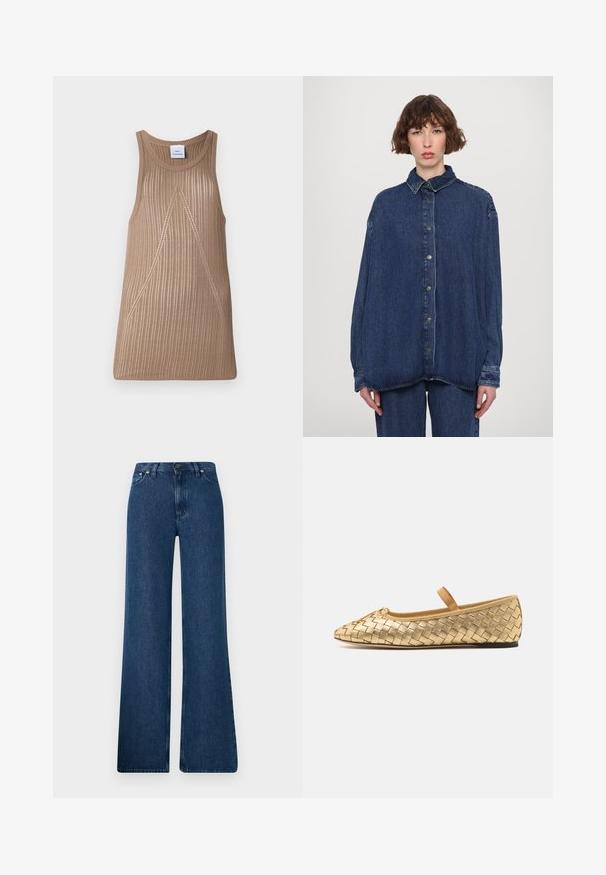 Débardeur en tricot beige sans manches avec une texture côtelée, présentant une forme en A et des détails de couture diagonale subtils.; Chemise oversize en denim bleu avec un col, des boutons à l'avant et des manches longues. Présente une coupe décontractée et une texture légèrement décolorée.; Jean en denim bleu évasés avec une taille haute, un design à cinq poches et une fermeture à bouton en métal. Texture lisse, style décontracté et couture minimale.; Loeffler Randall LEONIE SOFT BALLET FLAT - Babies - gold