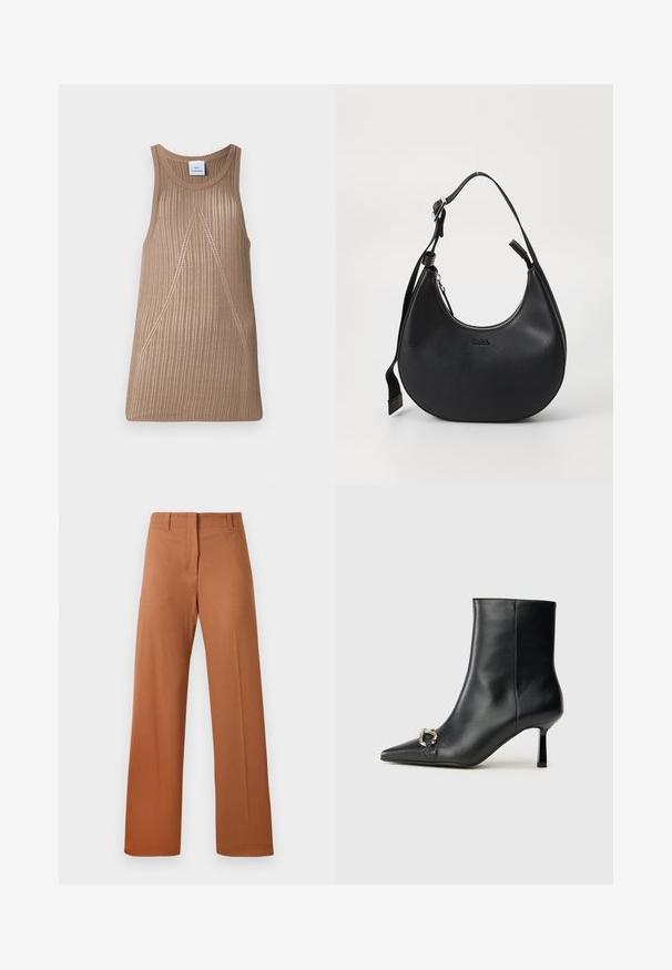 Bež, ilma varrukateta kudum, ribitud tekstuuriga, A-line kujuga ja delikaatsete diagonaallõike detailidega.; Laiad püksid rikkalikus pruuni kangast, sileda tekstuuriga, tavalise vöökohaga koos vöörihmadega ning ees olevate kortsudega.; Must mustanvärvi nahast pahklinetopp, millel on terav nina, peen keskmise kõrgusega konts ja hõbedane keha detail külgedel, taustal lihtne taust.; Mustmust nahk rihmaga õlakott, millel on kaarjas kuju, luku sulgemine ja reguleeritav rihm. Esiküljel on reljeefne brändi logo.