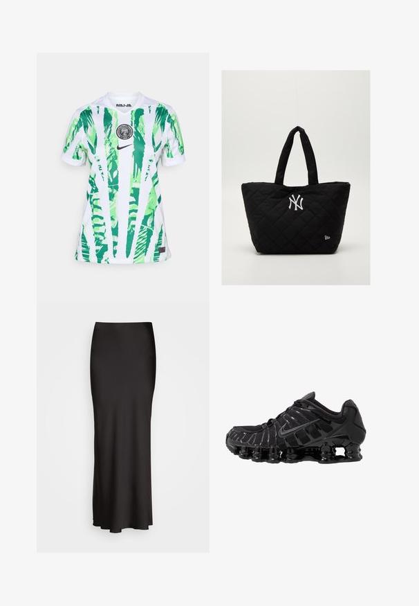 Camiseta de fútbol blanca con un patrón de hojas de palmera verdes, cuello redondo, mangas cortas, logo de Nike y emblema de la Federación Nigeriana de Fútbol.; Falda larga de satén negra con una textura suave, cinturilla ajustada y silueta en A, que no presenta adornos ni patrones visibles.; Zapatilla deportiva negra con parte superior de malla y detalles brillantes. Presenta amortiguación de bobina curvada y líneas texturizadas en el lateral. Logotipo de Nike visible.; Bolsa tote negra acolchada con doble asa, que presenta un logo blanco de los New York Yankees y un pequeño emblema de la marca en el lateral.