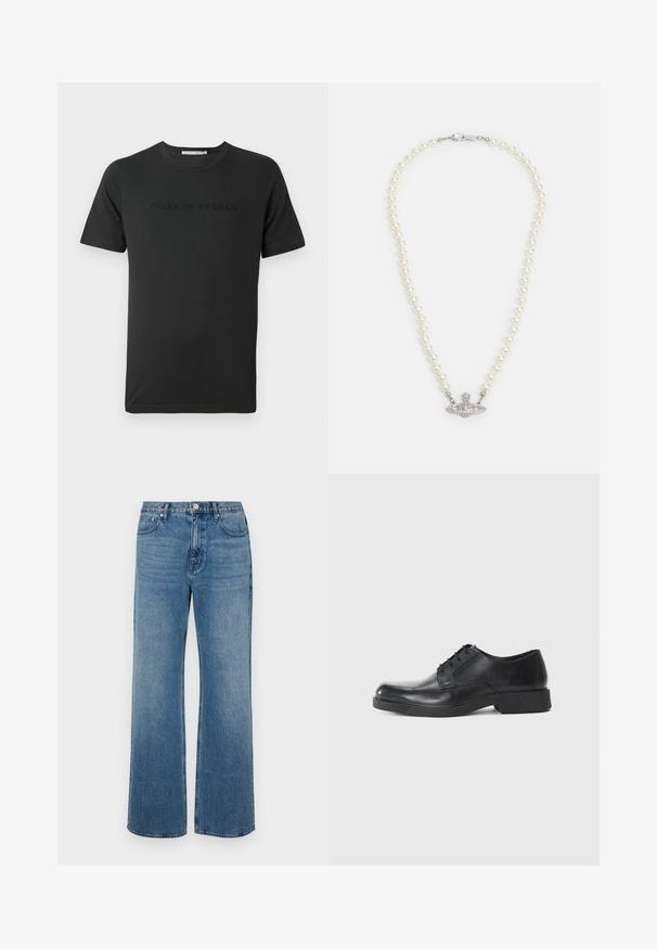 Juodas medvilninis marškinėliai trumpomis rankovėmis, su toniniu įspaudiniu "TIGER OF SWEDEN" priekyje. Klasikinis apvalus kaklas.; Platus blaujos džinsai, pagaminti iš dėvėtos džinsinio audinio. Sukurtas su penkiomis kišenėmis, priekiniais sagčių uždarymu ir tiesiu kirpimu.; Juodas odinis batų suapvalintu priekiniu stole, su raišteliais ir mažais blokiniais kulnais. Sklandus paviršius ir minimalistinė forma.; Perlo vėrinys su sidabriniu užsegimu. Sudarytas iš apvalių baltų perlų ir dekoratyvios, deimantais papuoštos centrinės dalies.